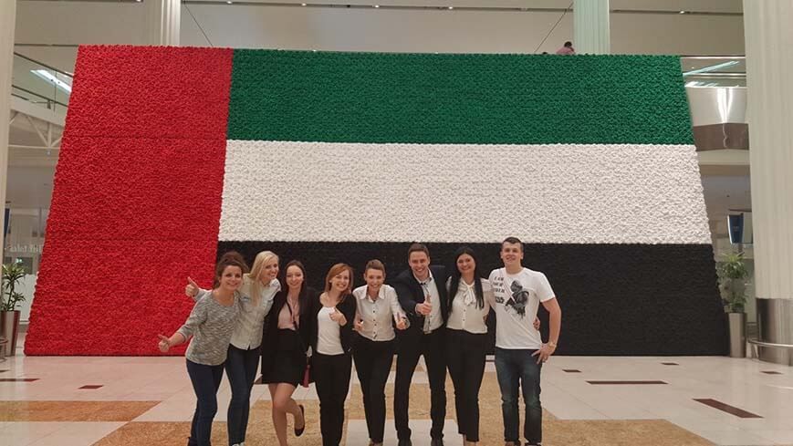 New Emirates cabin crew after landing at Dubai airport for the first time.