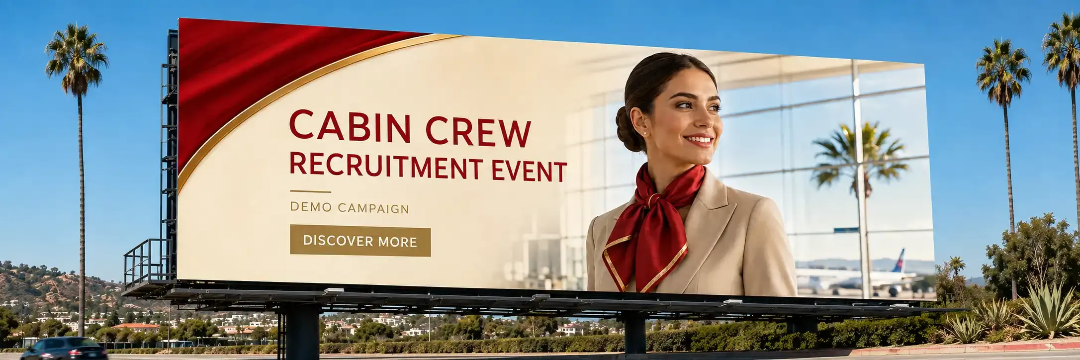 Havayolları için display reklam billboard’u: Emirates Cabin Crew Open Day, Etihad Recruitment Event, Qatar Airways recruitment event, Turkish Airlines kabin memuru işe alım, Pegasus kabin memuru işe alım ve havayolları için sponsorlu bannerlar.