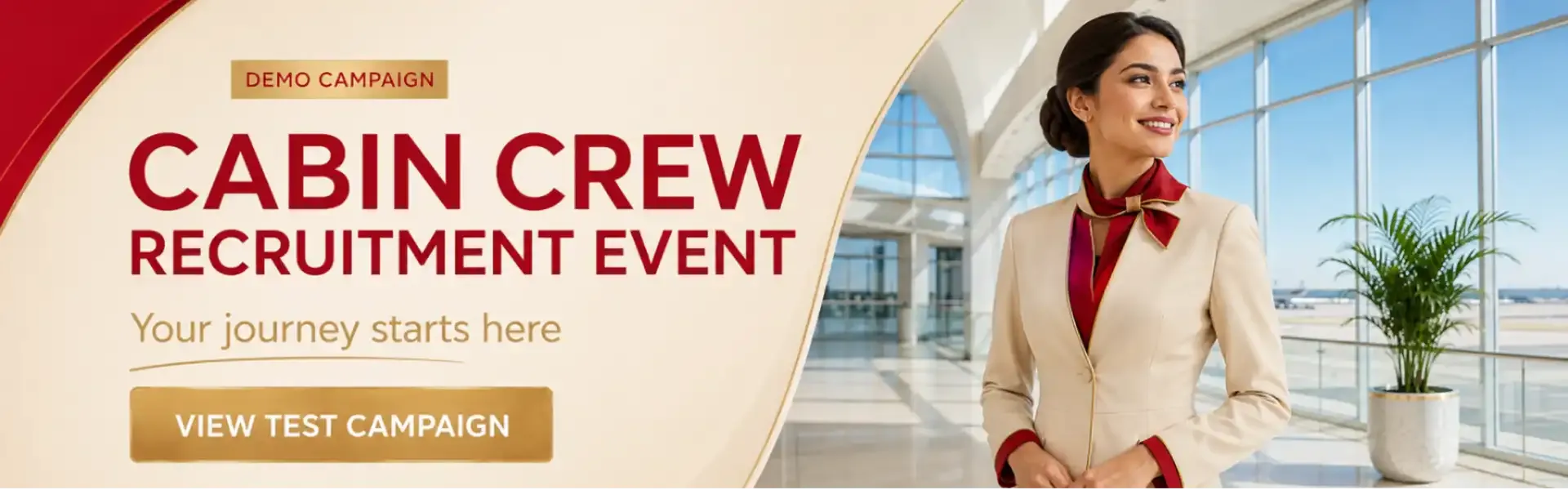 Gigaboard havayolları için sponsorlu bannerlar: Emirates Cabin Crew Open Day, Etihad Recruitment Event, Qatar Airways recruitment event, Turkish Airlines kabin memuru işe alım ve Pegasus kabin memuru işe alım.