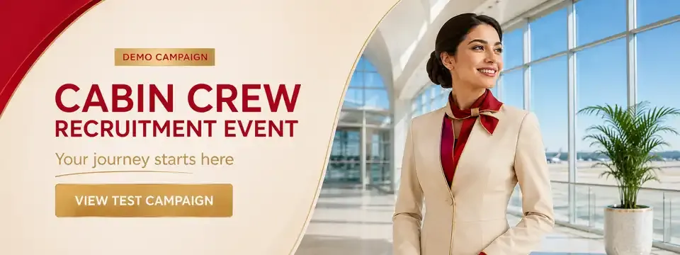 Mobileboard havayolları için sponsorlu bannerlar: Emirates Cabin Crew Open Day, Etihad Recruitment Event, Qatar Airways recruitment event, Turkish Airlines kabin memuru işe alım ve Pegasus kabin memuru işe alım.